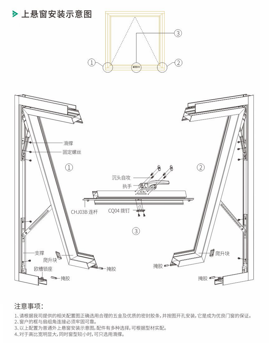 輕型上懸窗五金配件，上懸窗安裝示意圖